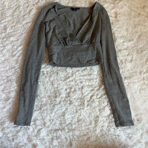 UK2LA Gray Long Sleeve Crop Wrap Blouse